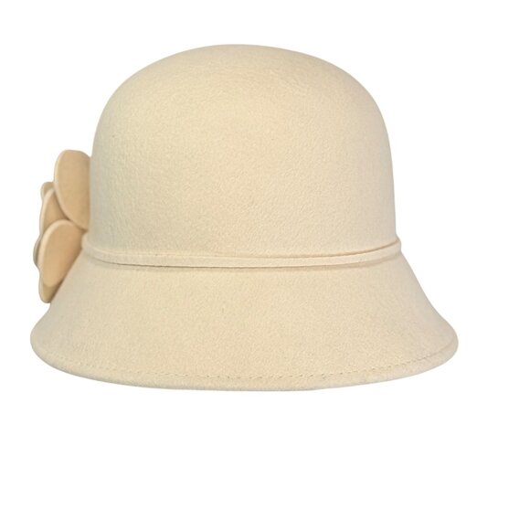 Samething Special 90s Cloche Hat Womens Wool Beige Flower Accent Vintage Style - Picture 8 of 13